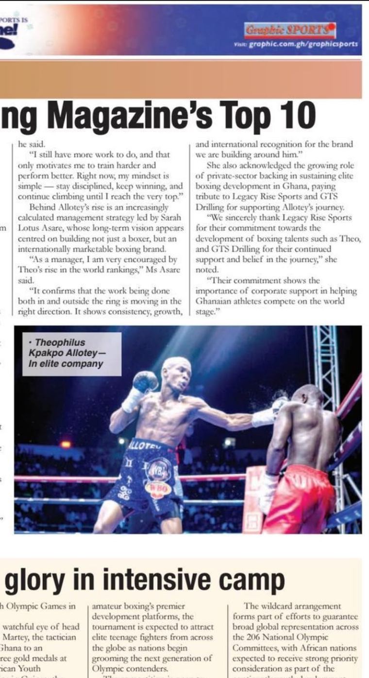Graphic Sports article featuring Ghanaian boxer Theophilus Kpakpo Allotey and GTS Drilling support