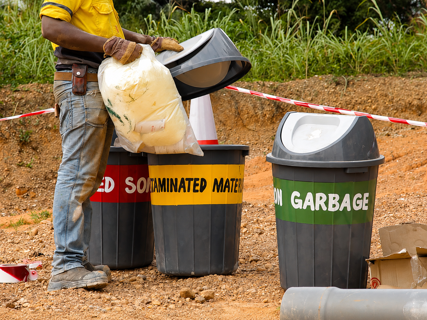 GTS worker sorting waste into labelled disposal bins at a drilling site